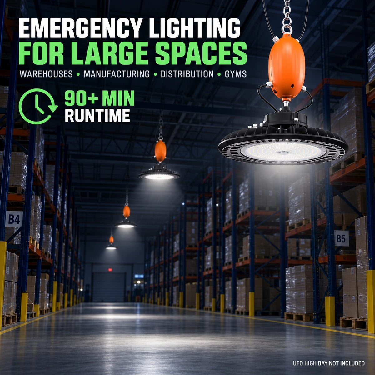 Commercial UFO high bay emergency battery backup for warehouses distribution centers factories and large indoor spaces