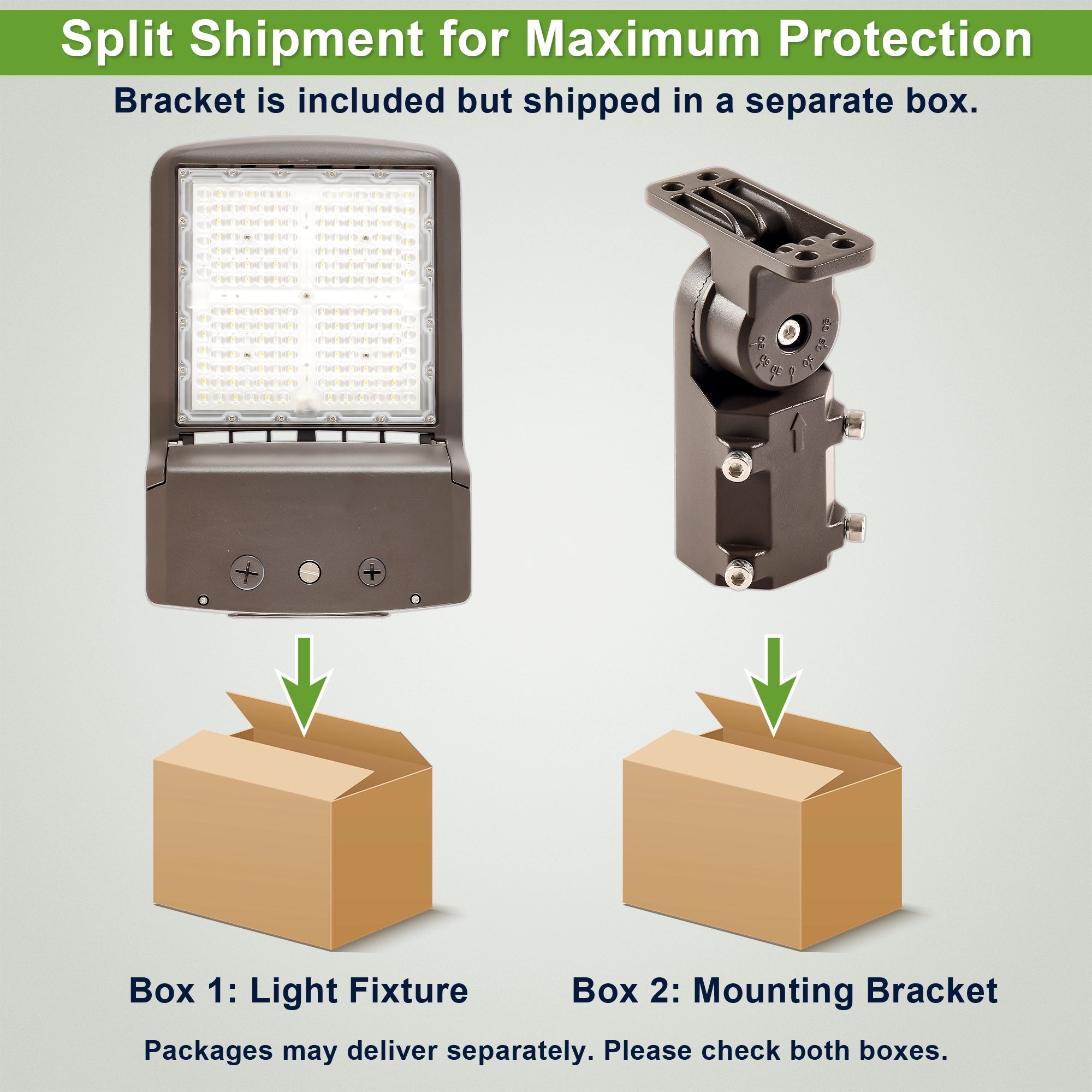 Commercial LED parking lot light with slip fitter bracket for pole-mounted outdoor lighting