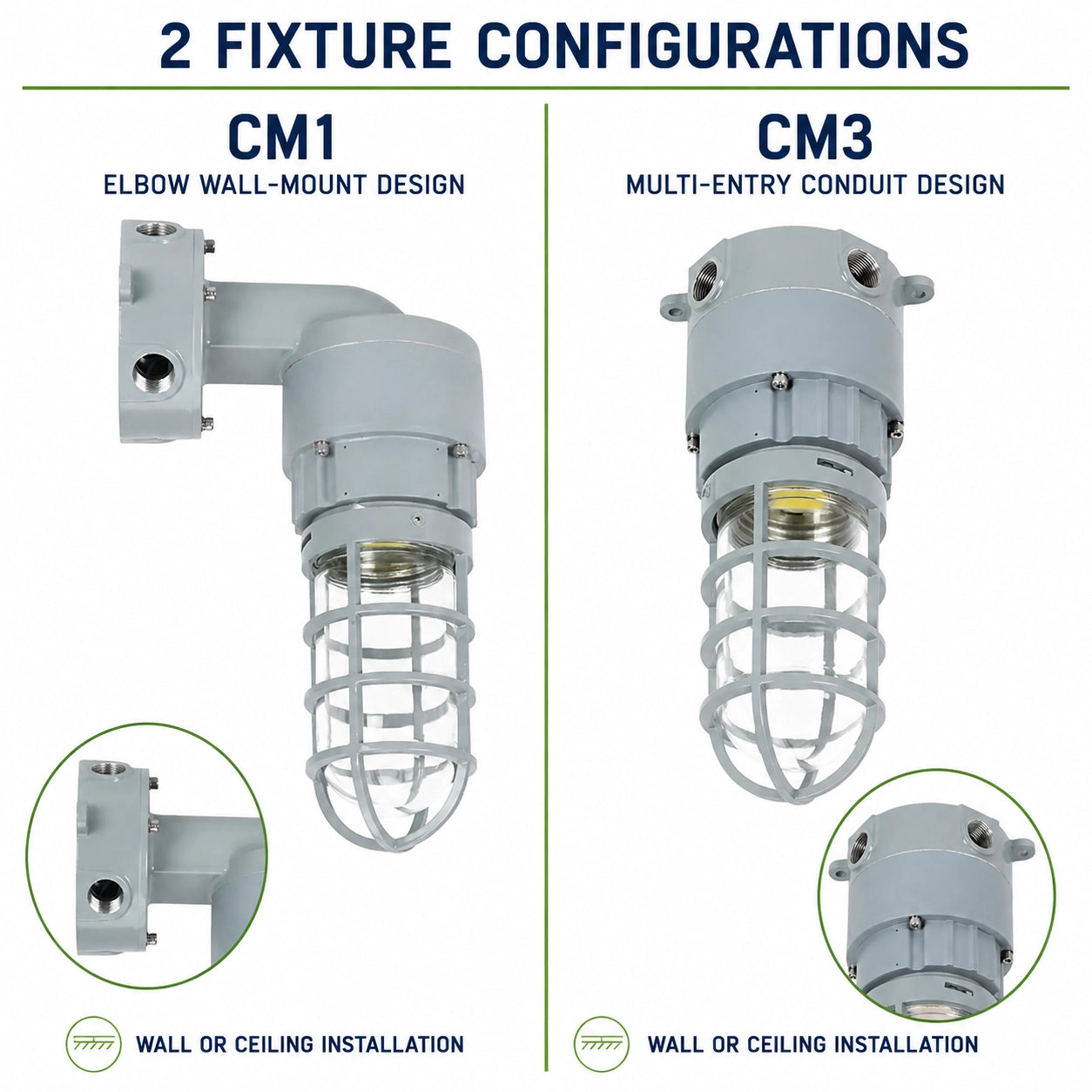 CM1 elbow wall mount and CM3 multi-entry conduit configurations for 27W explosion proof jelly jar light
