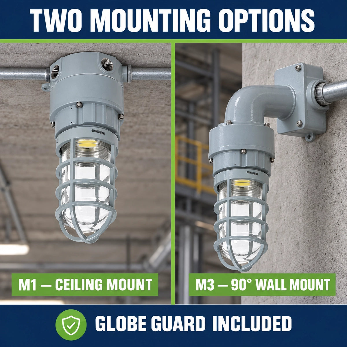 Explosion proof jelly jar light with M1 ceiling mount and M3 90-degree wall mount options