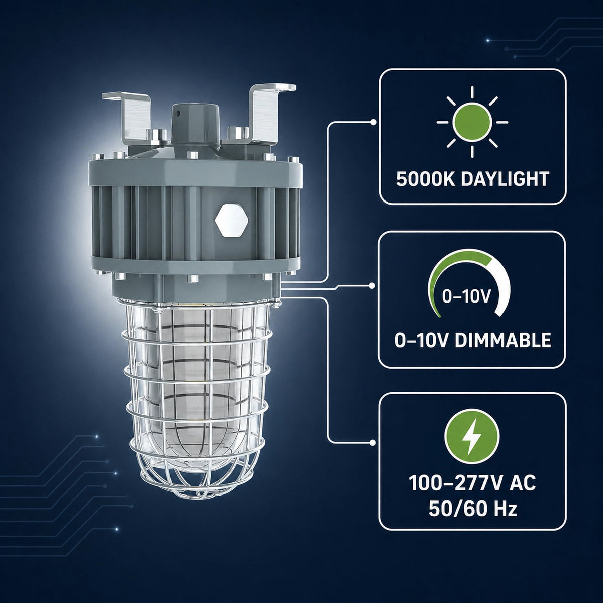 Explosion-proof LED light with 100-277V input and dimmable driver