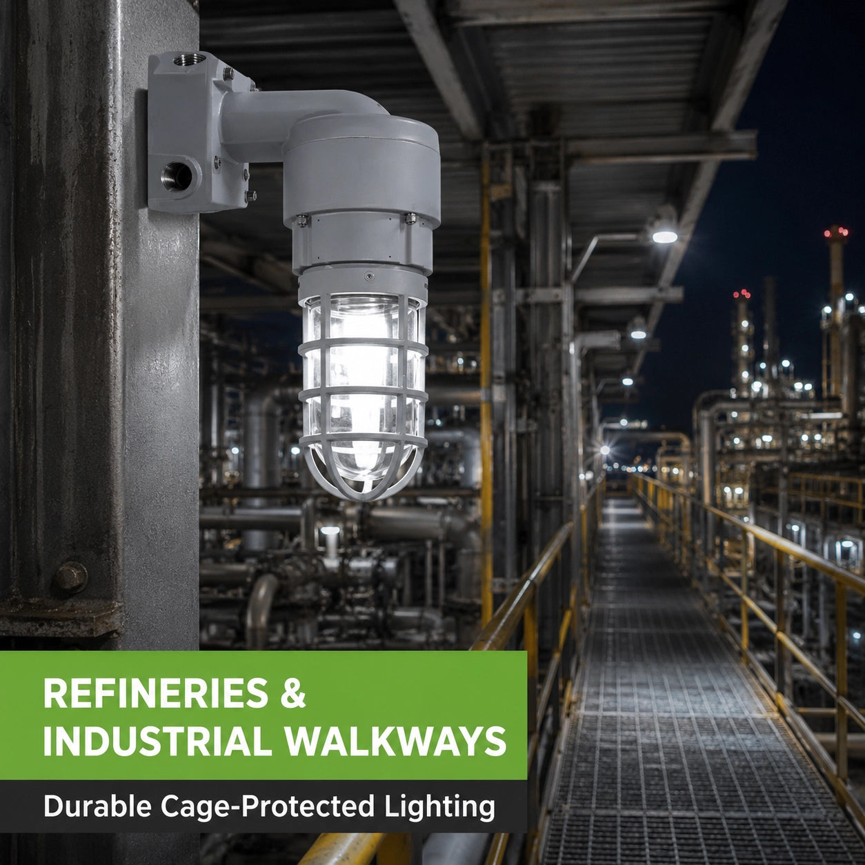 Cage-protected LED hazardous location light installed on a refinery industrial walkway