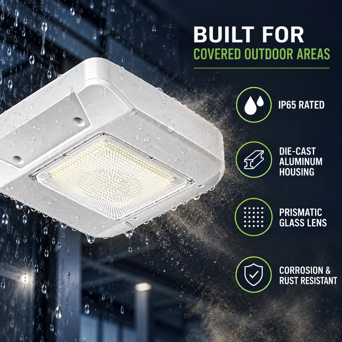 IP65 LED gas station canopy light for covered outdoor commercial lighting applications