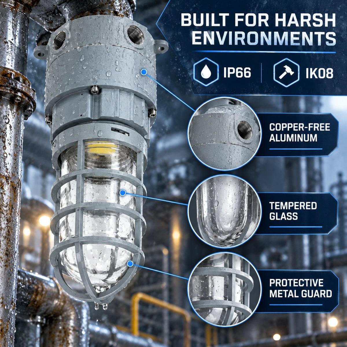 IP66 and IK08 explosion proof light with aluminum housing, tempered glass and metal globe guard