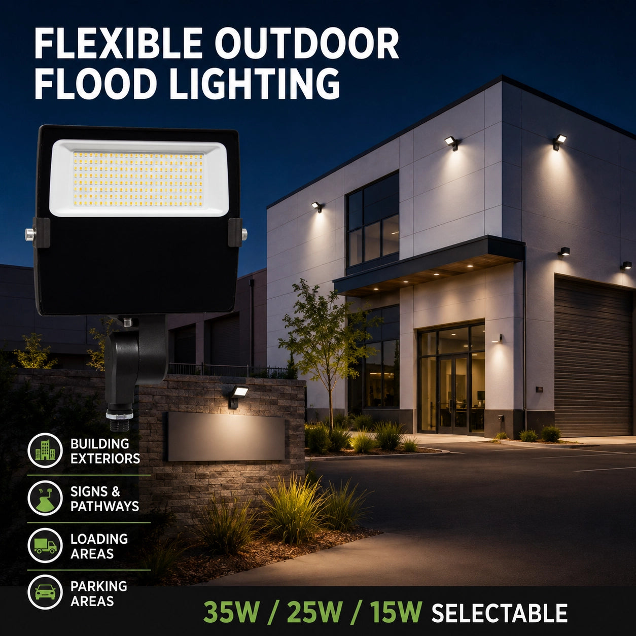 Commercial LED flood light with adjustable knuckle mount for building exterior sign and pathway lighting