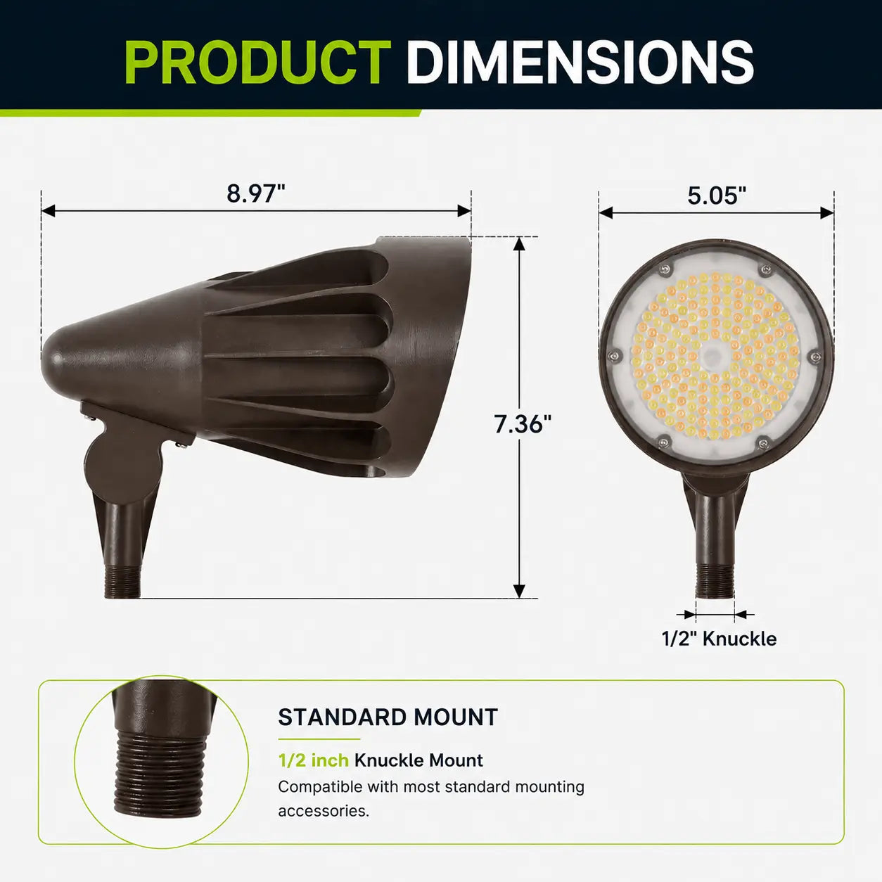 LED bullet flood light dimensions with 1/2 inch adjustable knuckle mount