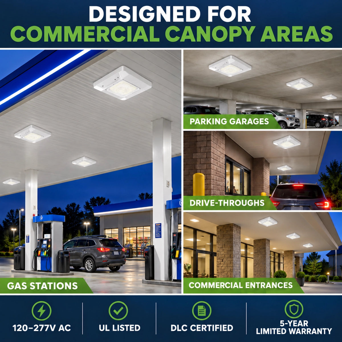 LED canopy light for parking garages service stations carports loading areas and commercial entrances