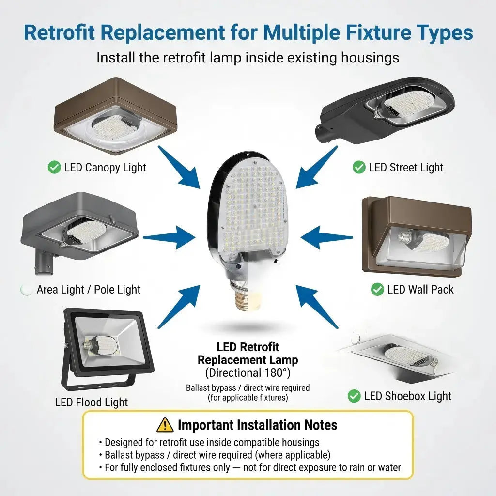 LED corn bulb used in parking lot lighting retrofit replacing metal halide fixtures