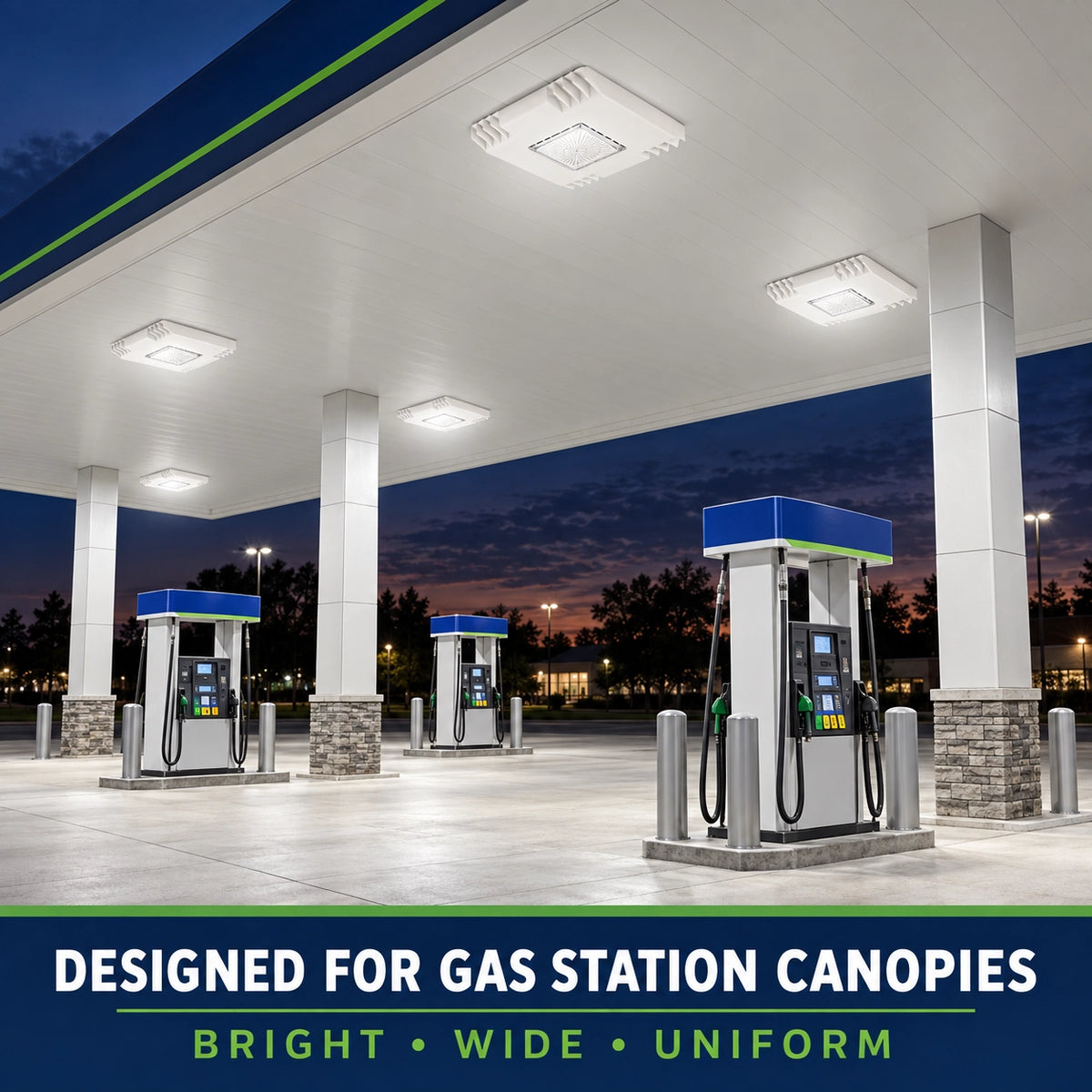 White LED gas station canopy lights illuminating fuel pumps and forecourt at dusk