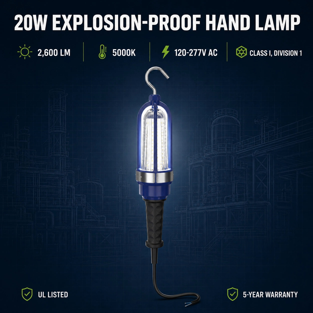 Portable explosion proof LED hand lamp with ergonomic handle for hazardous location inspection and maintenance