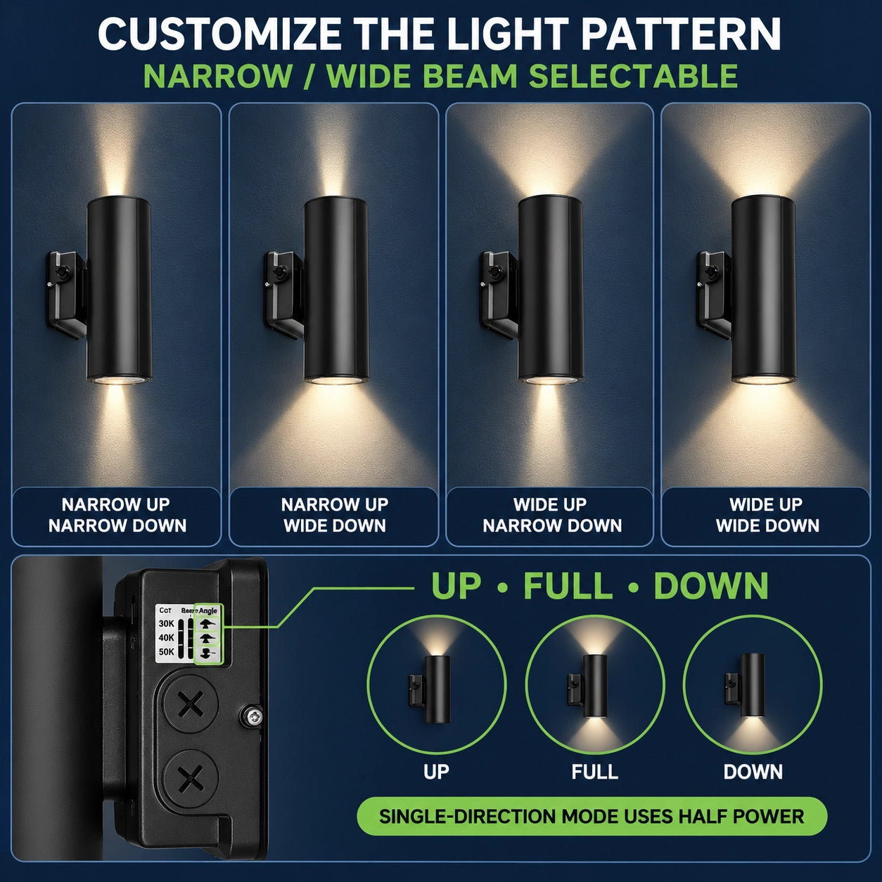 LED wall light with selectable up full and down lighting directions