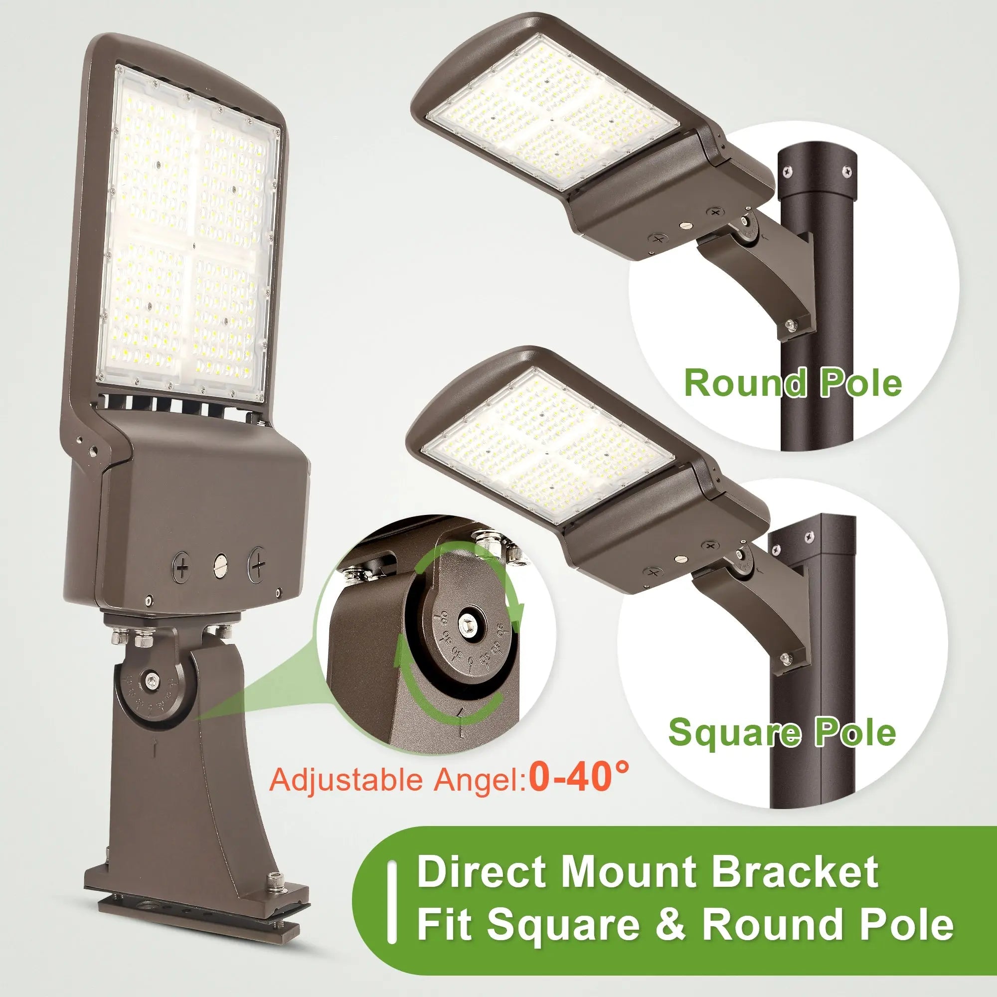 80W 100W 150W selectable LED area light with direct arm mounting details