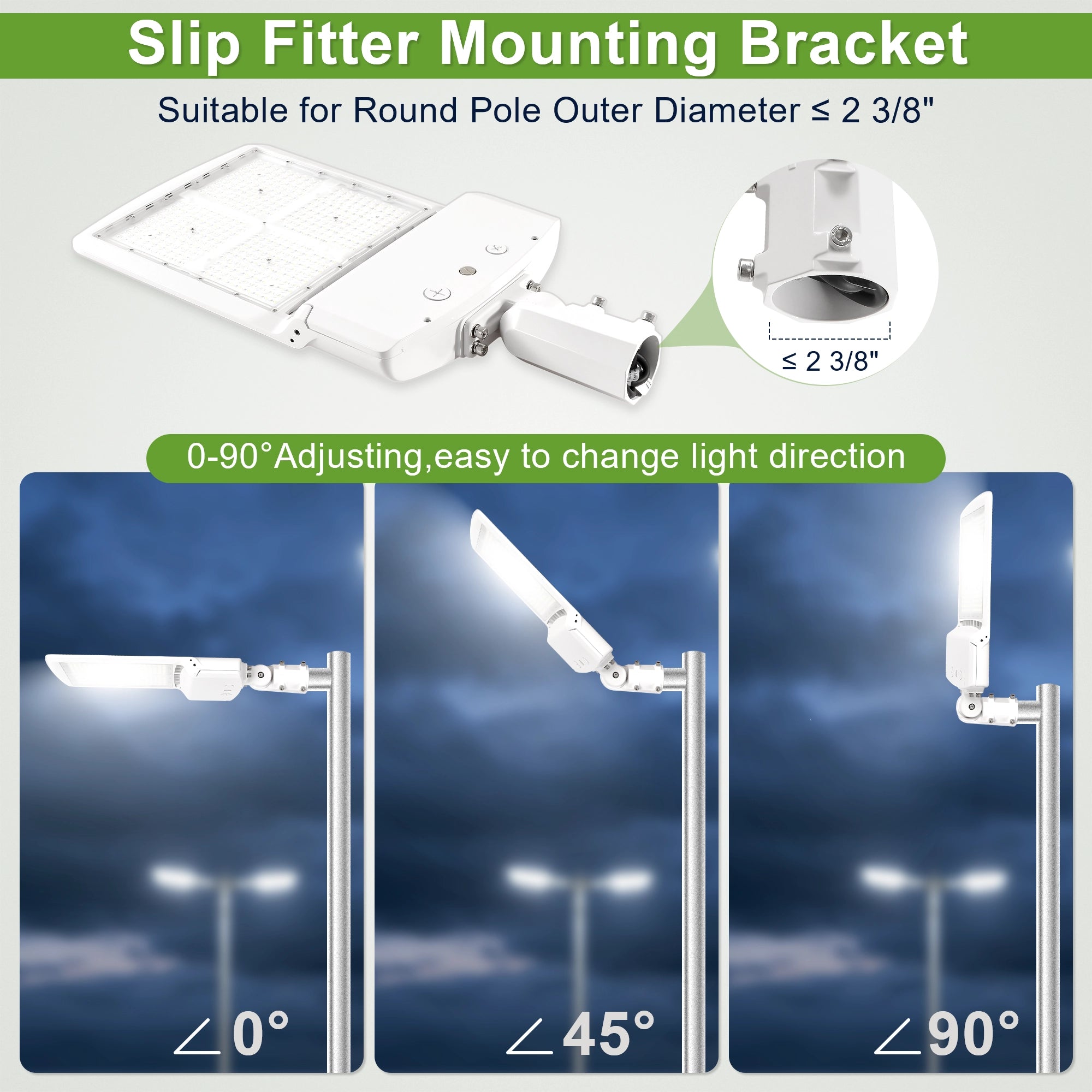 200W 240W 300W selectable LED shoebox light with slip fitter mounting details