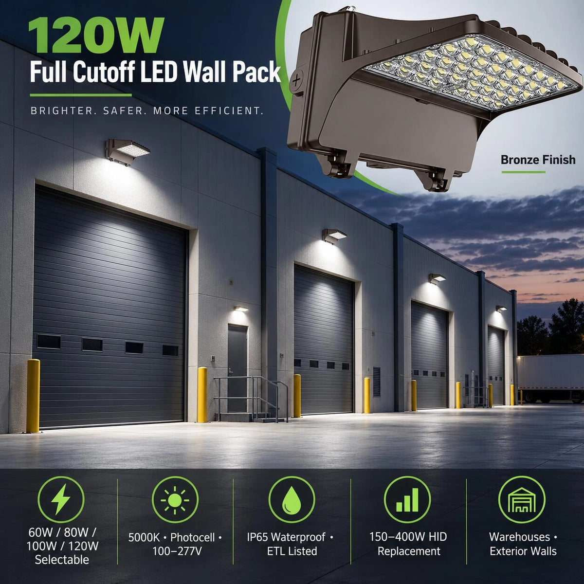 120W LED full cutoff wall pack with 5000K daylight output for commercial building exteriors