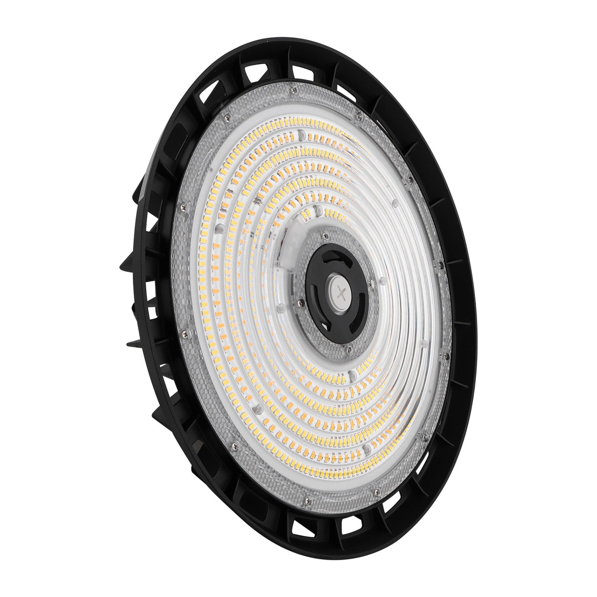 Angled view of TANLITE 277-480V selectable UFO LED high bay light for commercial facilities