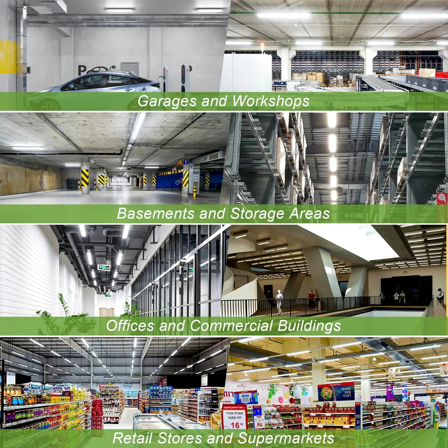 TANLITE 4FT LED Linear Strip Lights installed in garage, warehouse, and retail spaces demonstrating versatile lighting applications.