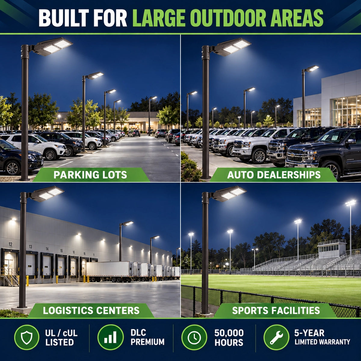 Commercial outdoor LED parking lot light for parking areas, auto dealerships and logistics centers