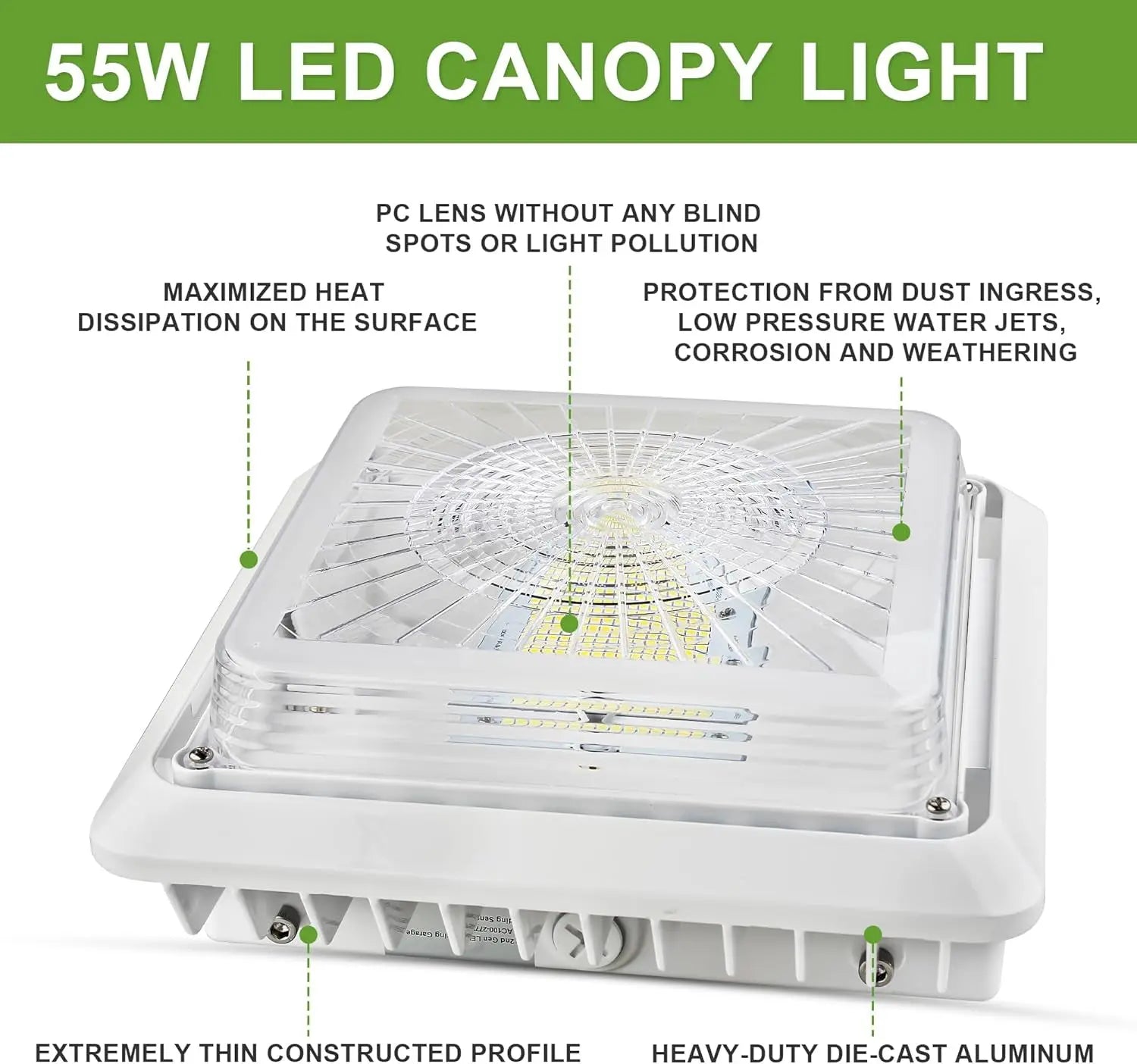 Angled view of TANLITE LED Canopy Light with compact 9.5” x 9.5” design