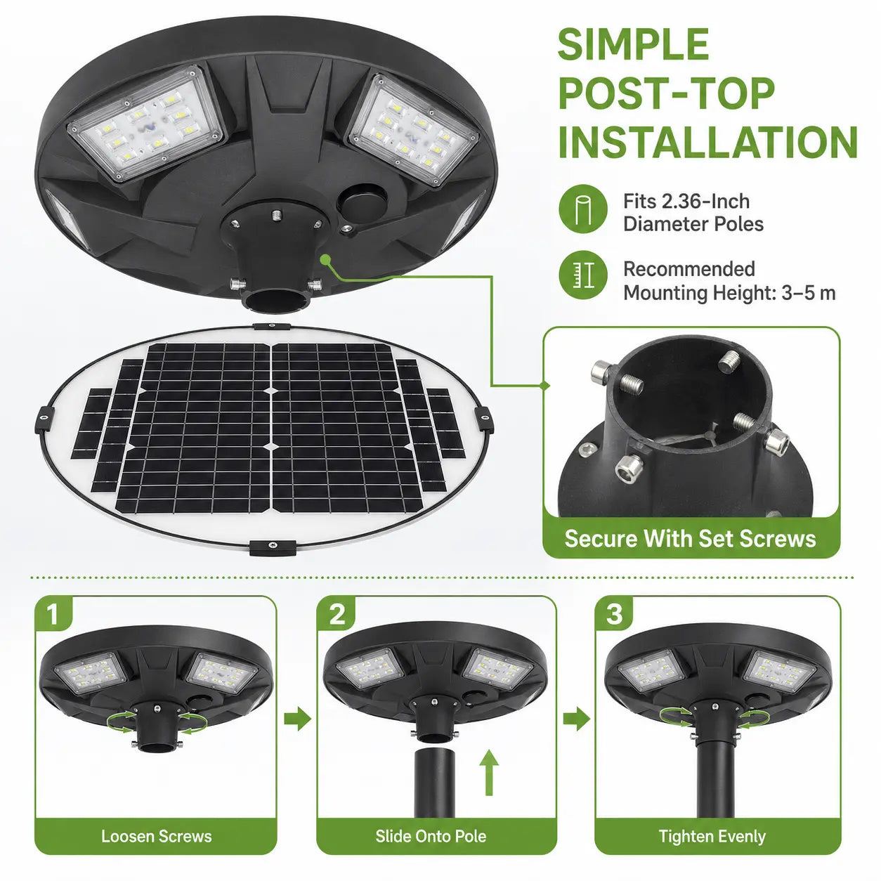 Commercial Solar LED Post Top Light, 50W, PIR Motion Sensor, LiFePO4 Battery, Dusk to Dawn, IP65 Waterproof