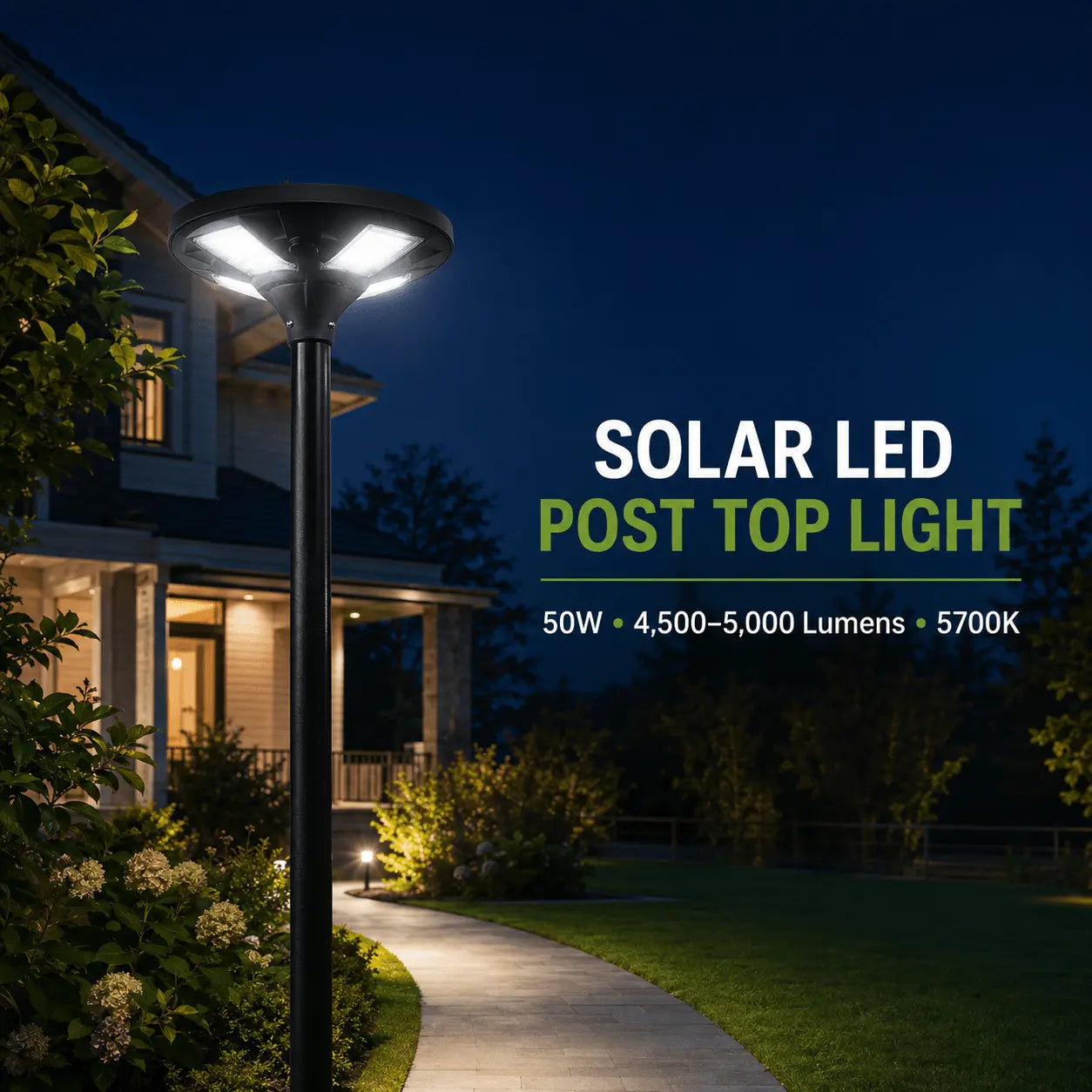 Commercial Solar LED Post Top Light, 50W, PIR Motion Sensor, LiFePO4 Battery, Dusk to Dawn, IP65 Waterproof