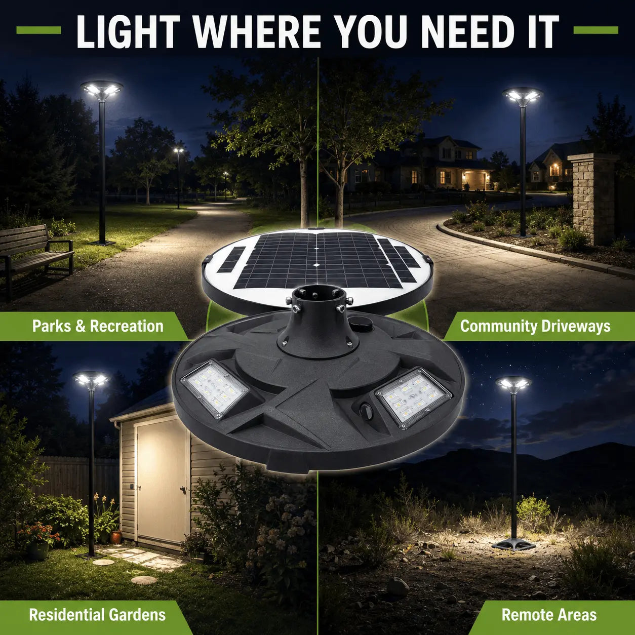 Commercial Solar LED Post Top Light, 50W, PIR Motion Sensor, LiFePO4 Battery, Dusk to Dawn, IP65 Waterproof