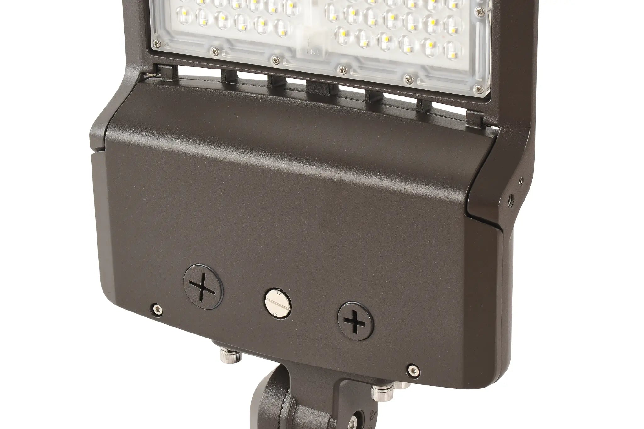 Wattage selectable LED parking lot light housing and mounting detail