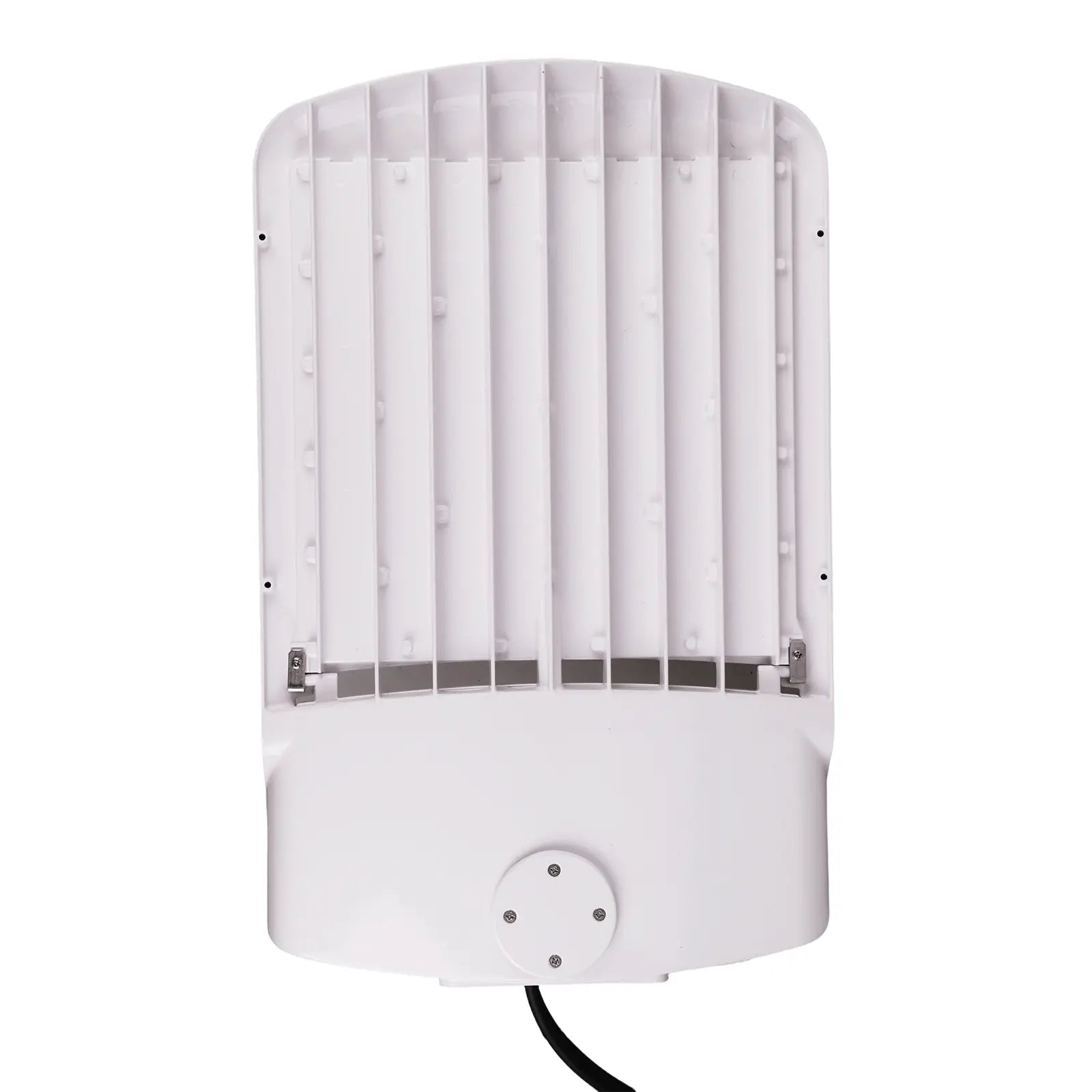 Rear housing of white LED shoebox area light showing durable die-cast aluminum construction