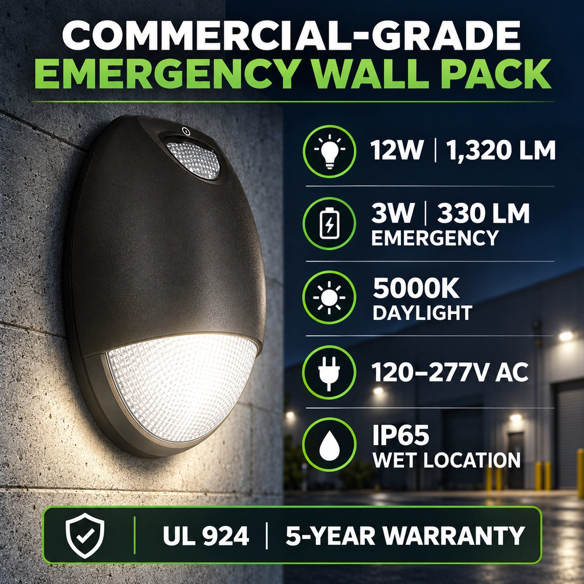 Tear drop LED emergency wall pack light for building exteriors entrances and security lighting