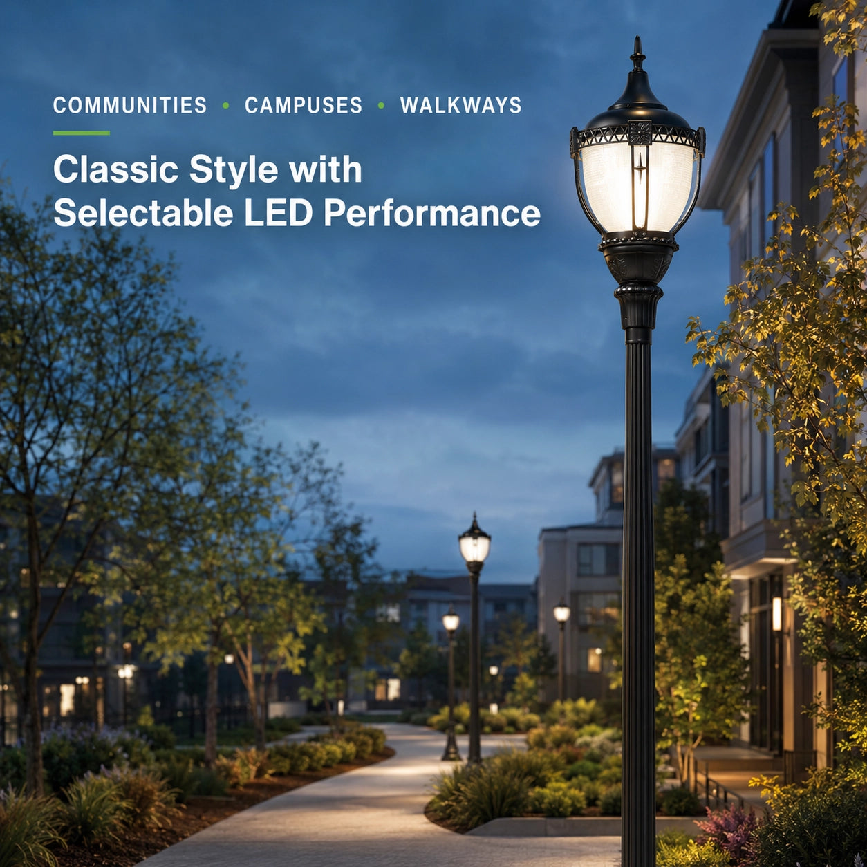 Type V acorn LED post top light providing wide symmetrical illumination for pathways and open areas
