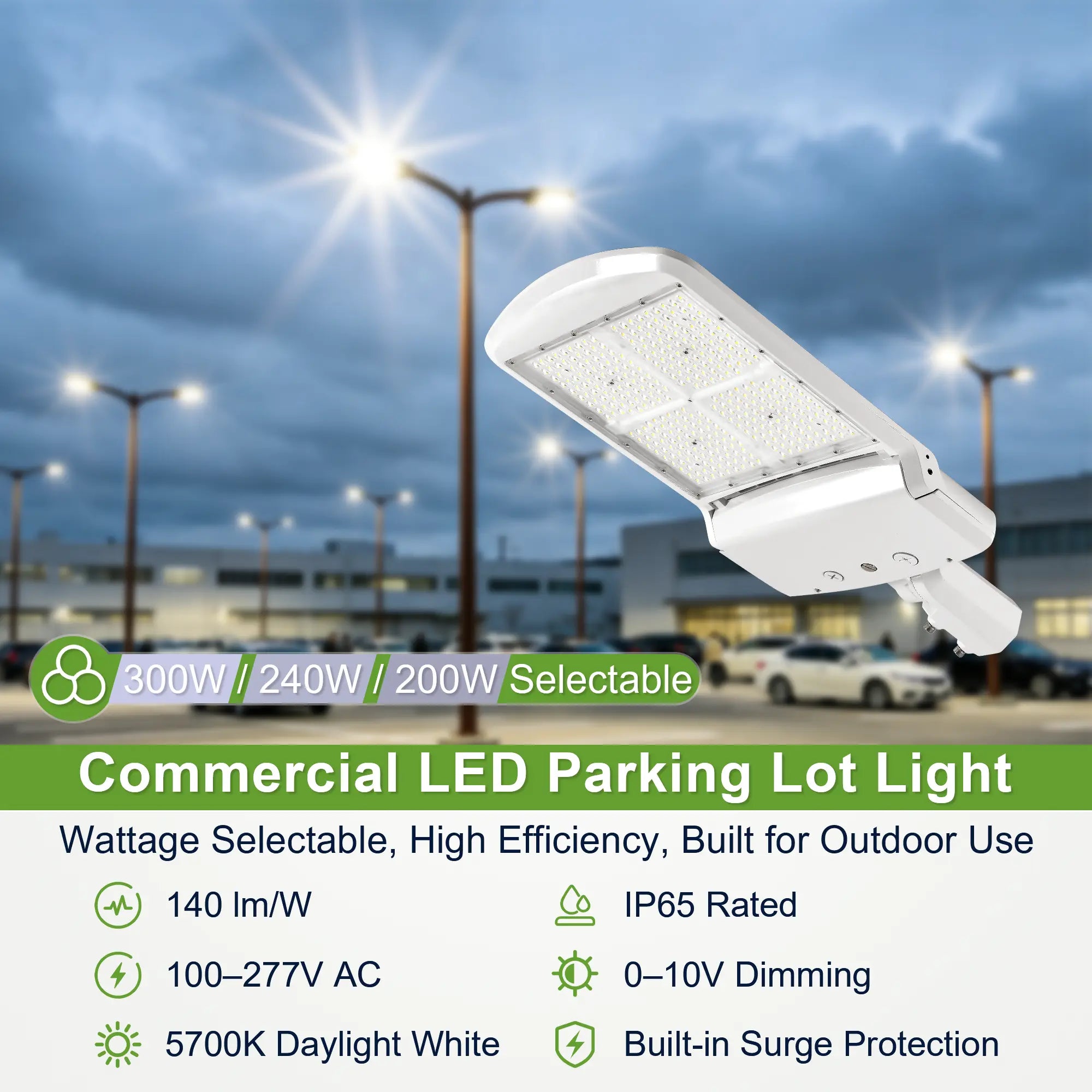 White 200W 240W 300W selectable LED shoebox area light for commercial outdoor lighting