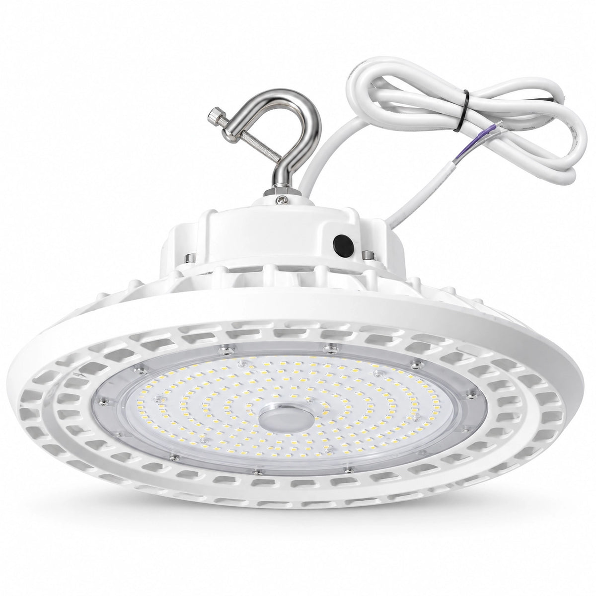 White selectable LED UFO high bay light with round lens, suspension hook and white power cable