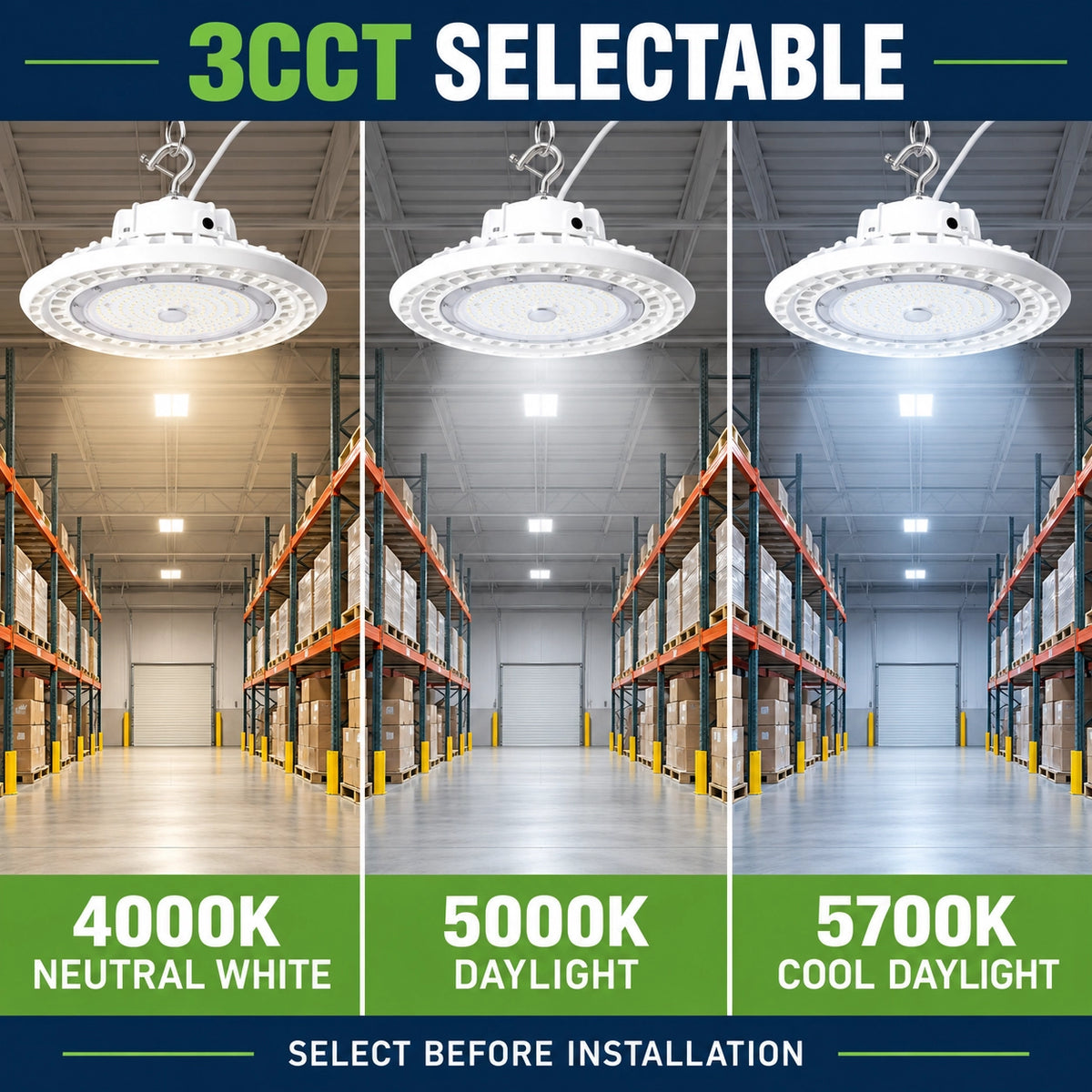 White LED UFO high bay color temperature comparison: selectable 4000K, 5000K and 5700K in a warehouse