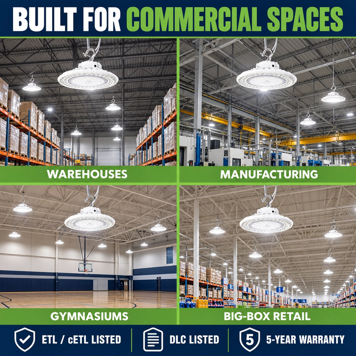 White LED UFO high bay lighting applications in warehouses, manufacturing facilities, gymnasiums and big-box retail stores