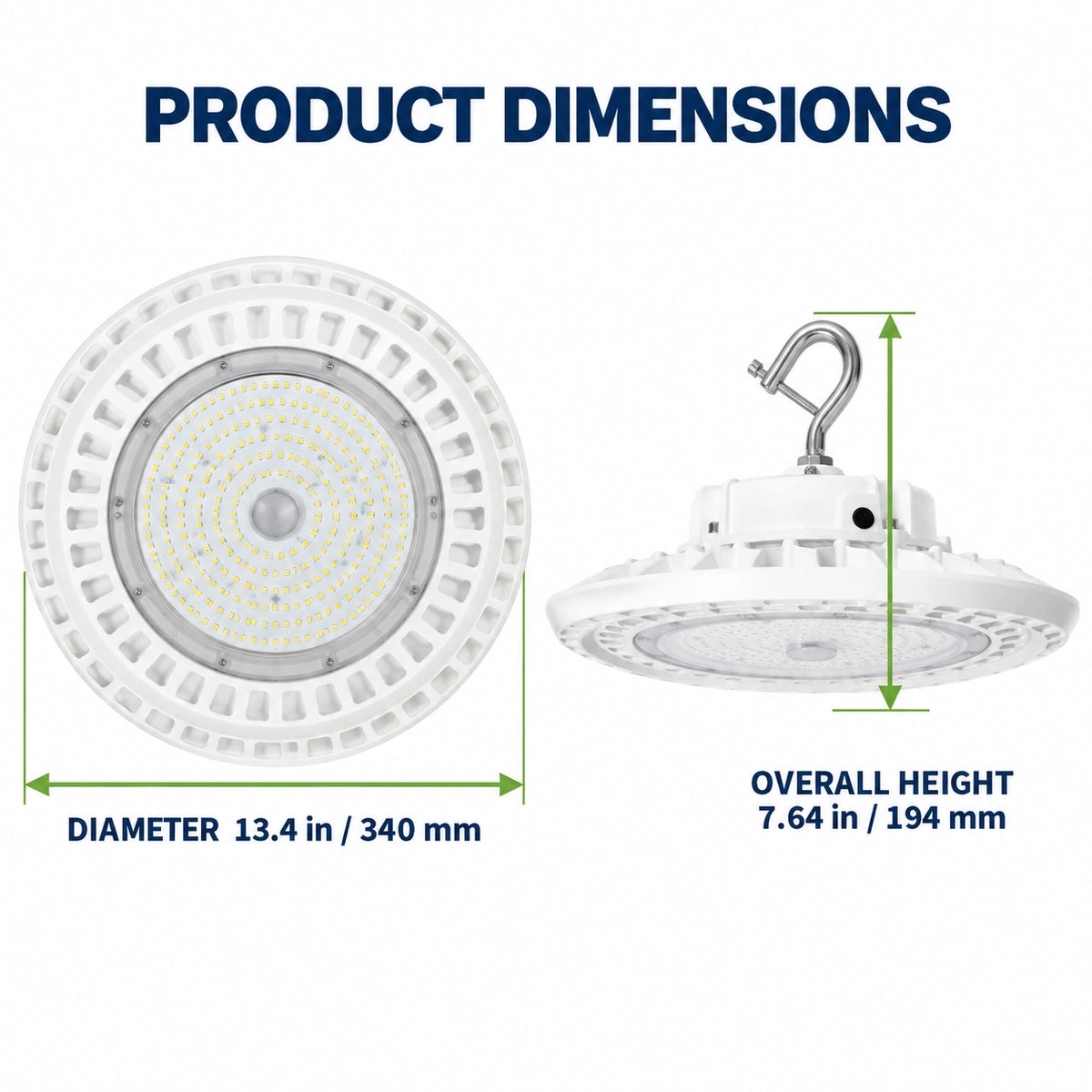 White LED UFO high bay dimension diagram showing 13.4-inch diameter and 7.64-inch overall height with hook