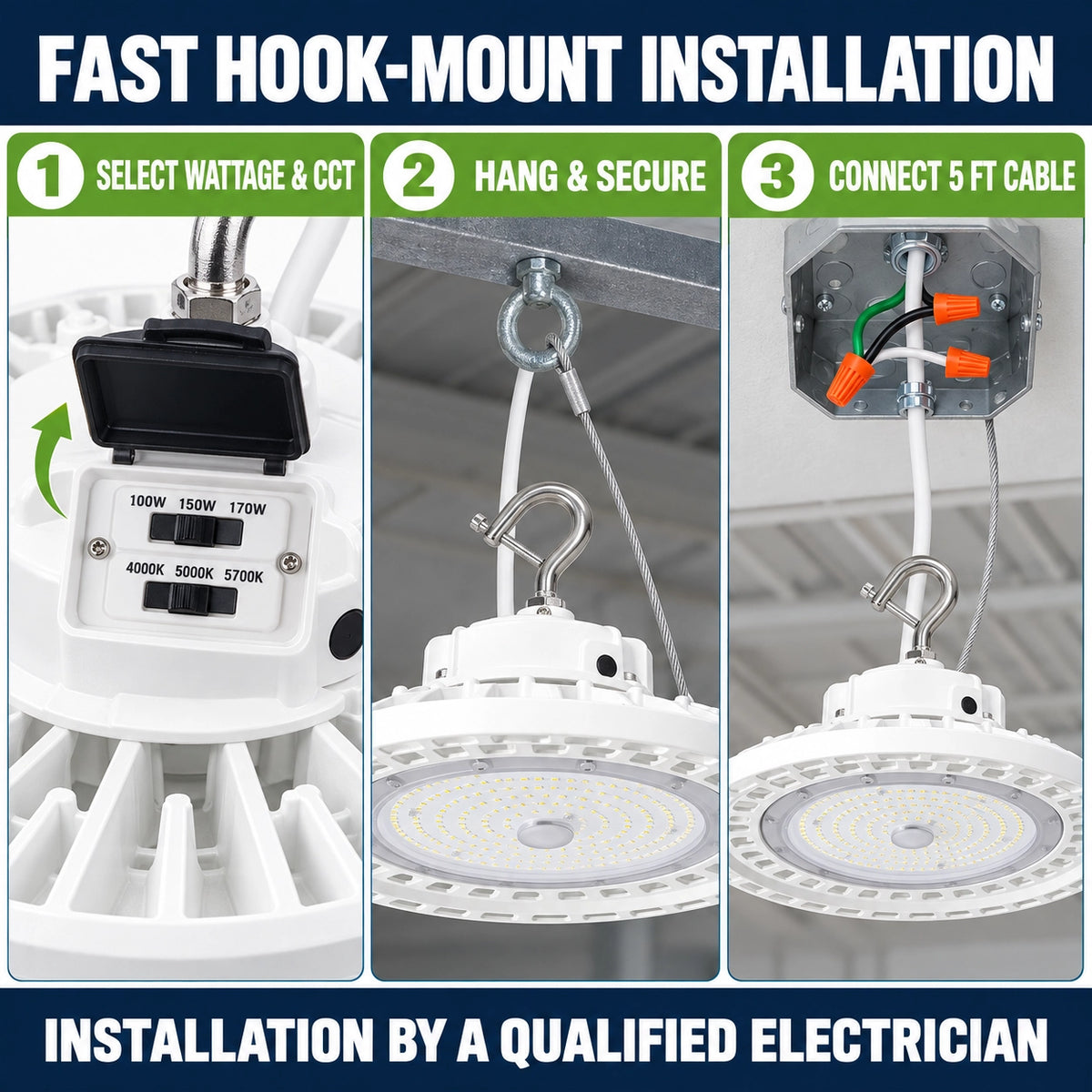 White UFO high bay hook installation guide showing wattage and CCT selection, suspension and power cable connection
