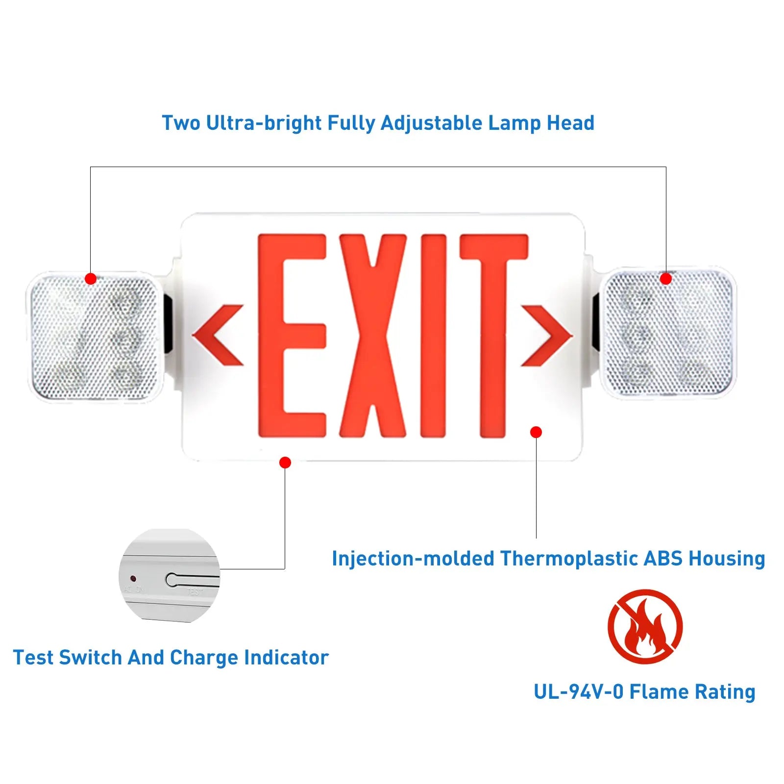 TANLITE LED Exit Signs with 2 Compact Combo Emergency Lights-Red LED Two Adjustable Head Emergency Exit Light with Backup Battery