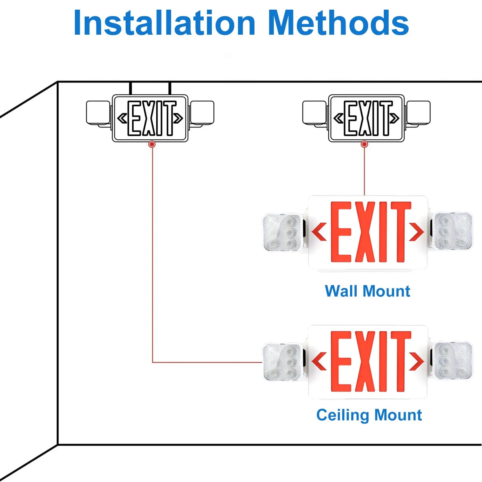 TANLITE LED Exit Signs with 2 Compact Combo Emergency Lights-Red LED Two Adjustable Head Emergency Exit Light with Backup Battery