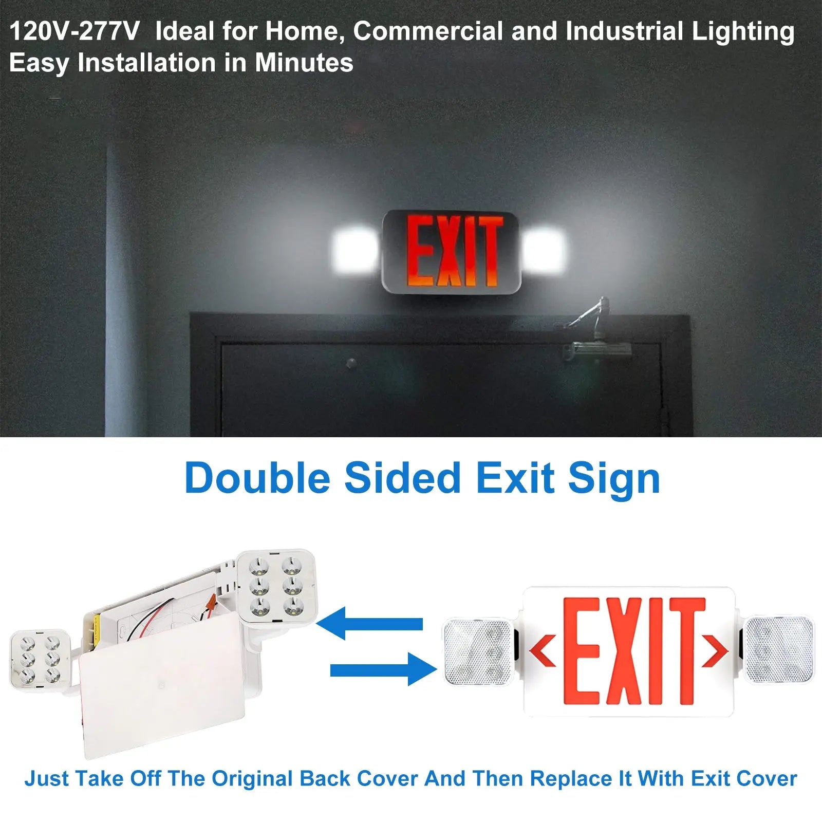 TANLITE LED Exit Signs with 2 Compact Combo Emergency Lights-Red LED Two Adjustable Head Emergency Exit Light with Backup Battery