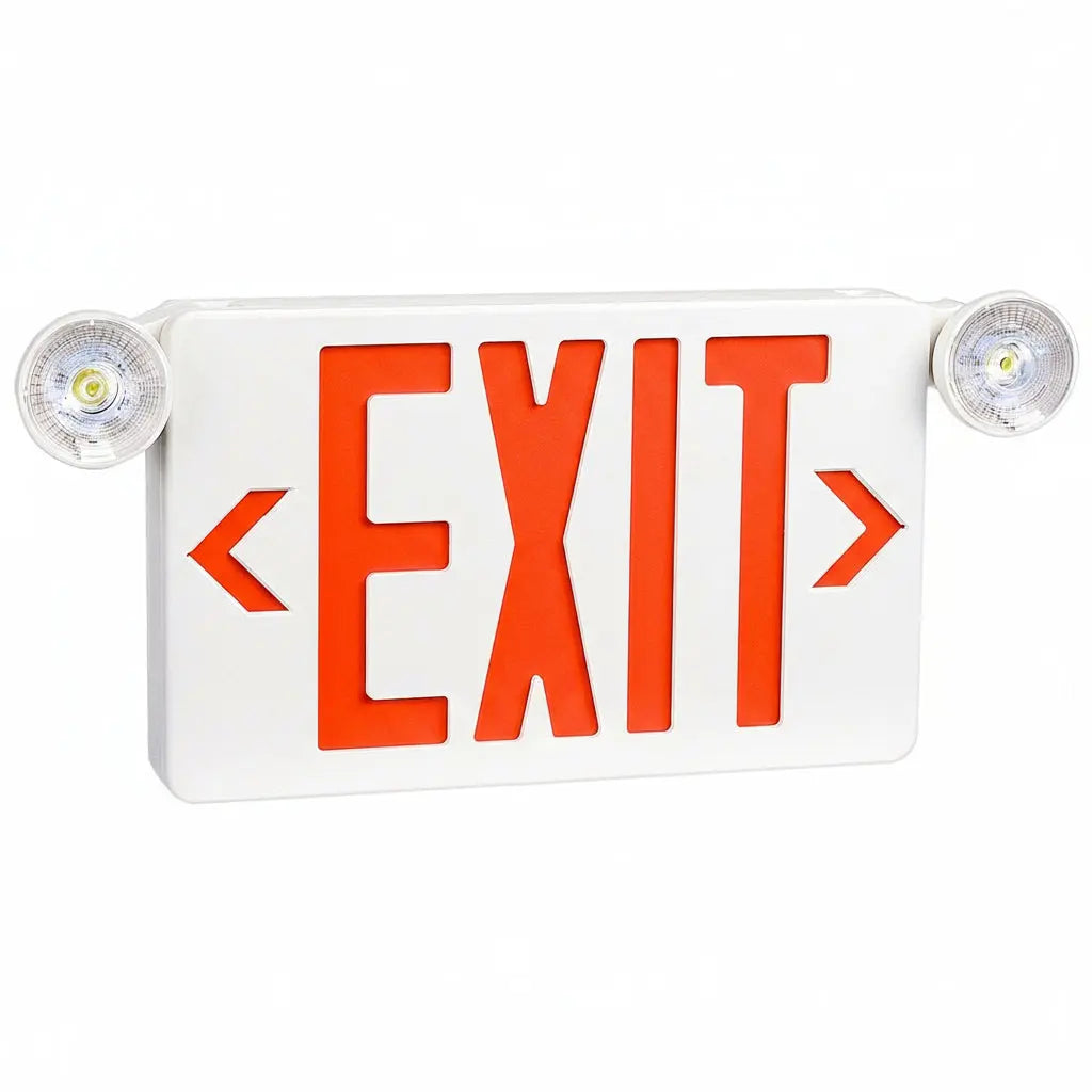 A red LED exit sign with dual exit signs on either side, mounted on a white background. It has a '3W' power indicator and various certification logos such as UL, DLC, and warranty symbols.