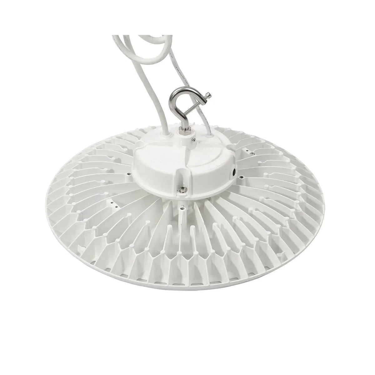 Top view of white LED UFO high bay showing suspension hook, power cable and radial heat sink fins